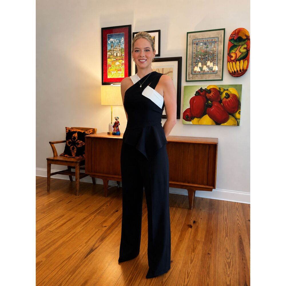 Fehaute NWT Size 2 Black White One Shoulder Peplum Wide Leg Pantsuit